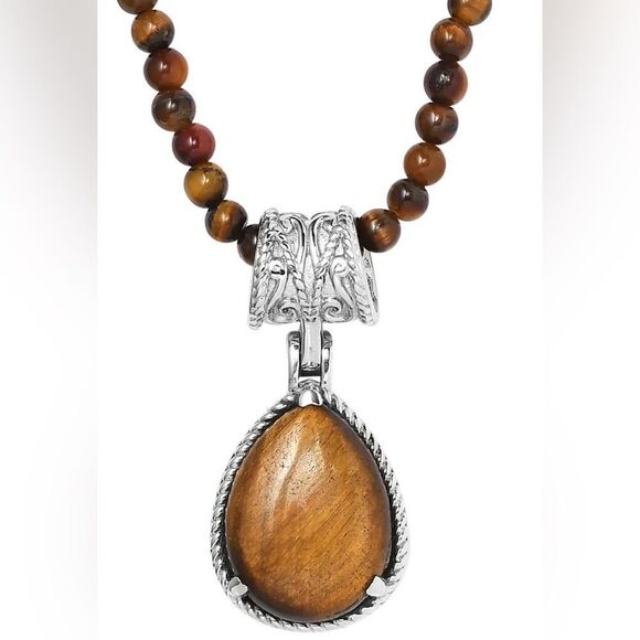 Tiger's Eye Solitaire Pendant with Beaded Necklace 20 Inches in Stainless Steel - Picture 7 of 8